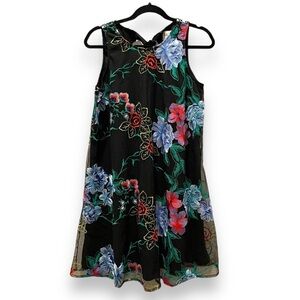 Beige by eci Black Embroidered Floral Sheer Swing Dress | Size Medium